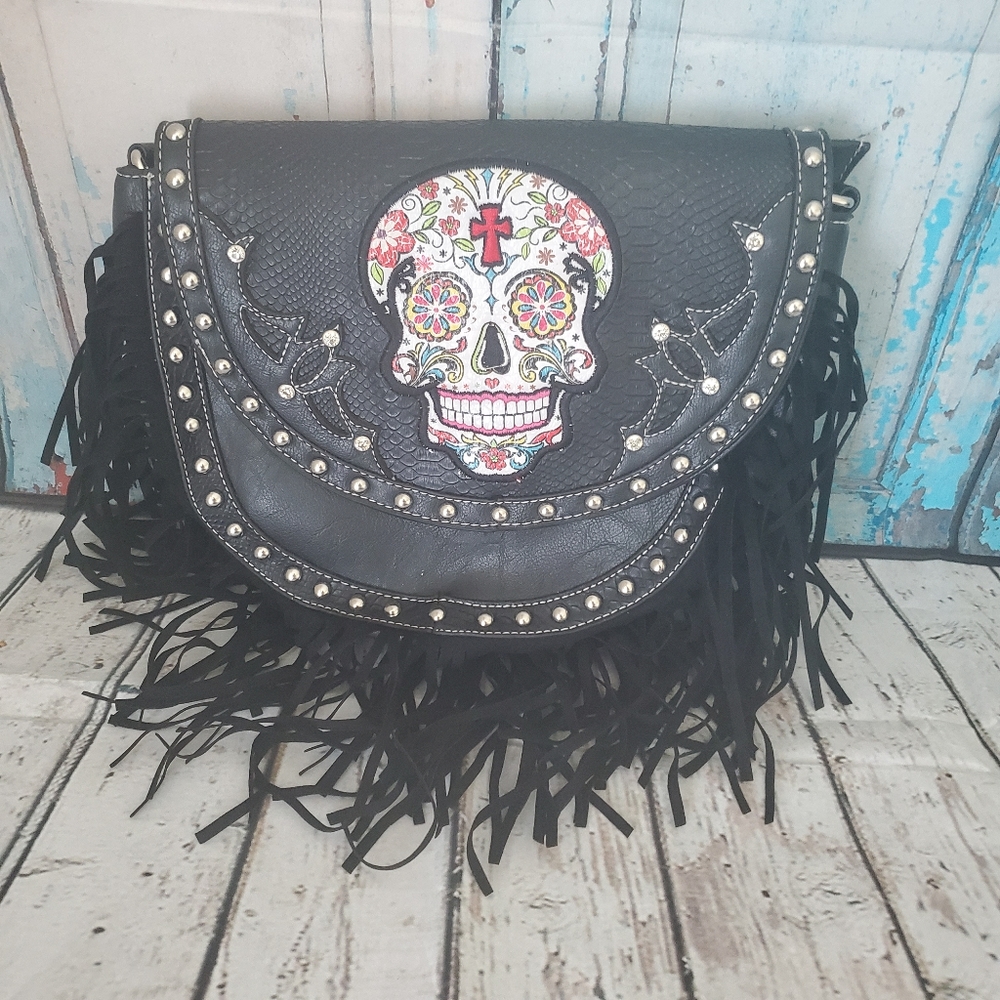 Sugar Skull Fringe Cross Body Purse
